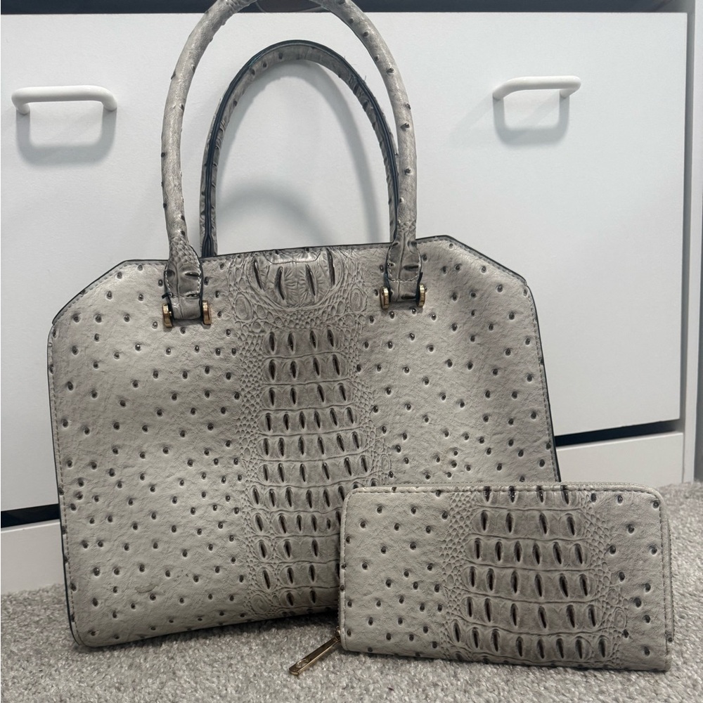 Chic Gray Crocodile-Embossed Satchel and Wallet Set